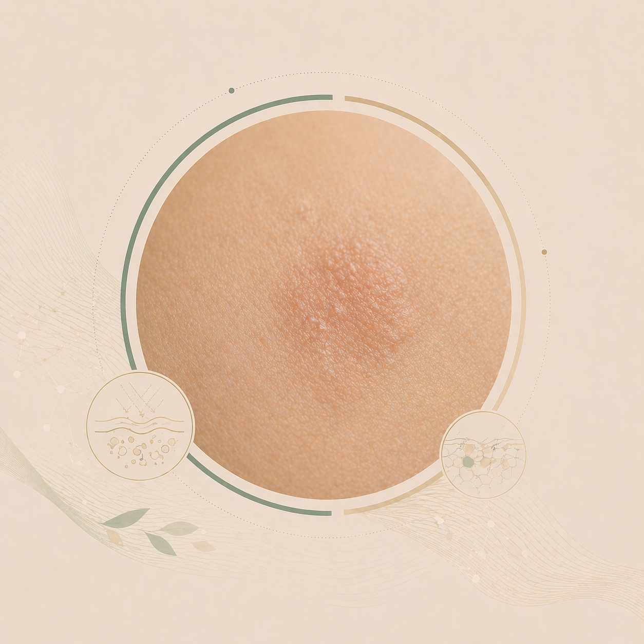 Απεικονιστική αναπαράσταση της ακτινικής υπερκεράτωσης: τραχιά, απολεπιζόμενη περιοχή δέρματος με φωτοβλάβη και λεπτομερείς όψεις της δερματικής δομής