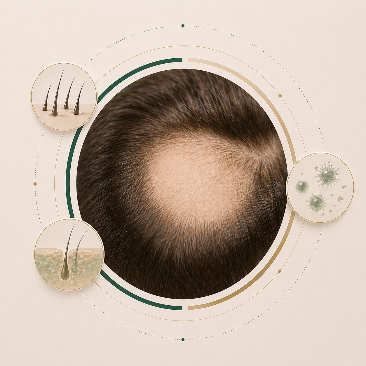 Απεικονιστική αναπαράσταση της γυροειδούς αλωπεκίας: σαφώς οριοθετημένη στρογγυλή φαλακρή περιοχή στο τριχωτό της κεφαλής με λεπτομερείς όψεις τριχοθυλακίων