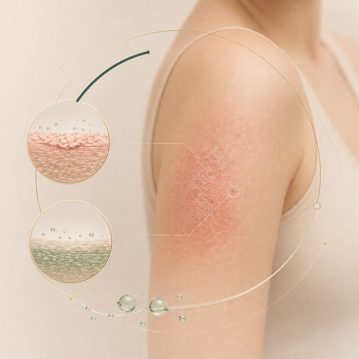 Απεικονιστική αναπαράσταση της ατοπικής δερματίτιδας: ξηρό, ερυθρό και φλεγμονώδες δέρμα στον άνω βραχίονα με ορατή διαταραχή του φραγμού