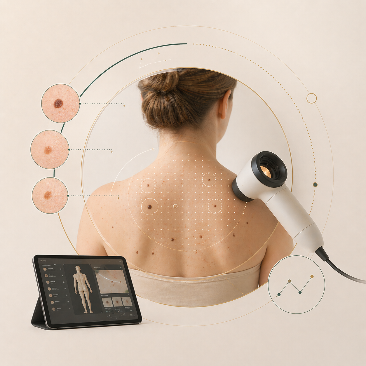 Απεικονιστική αναπαράσταση της ψηφιακής χαρτογράφησης σπίλων: δερματοσκοπική απεικόνιση έγχρωμων δερματικών αλλοιώσεων στην πλάτη