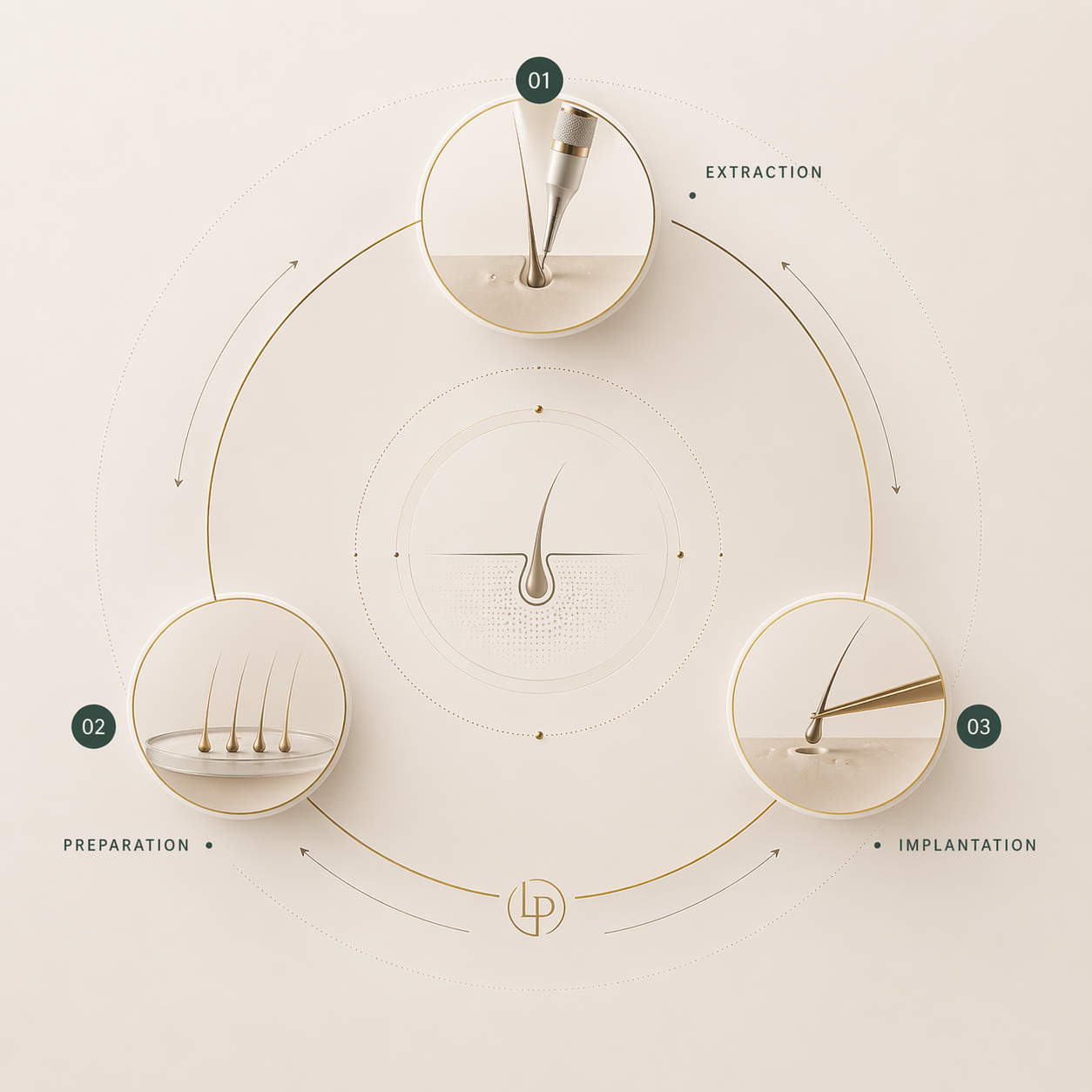 Illustration du processus FUE : extraction (01), préparation (02) et implantation (03) des unités folliculaires